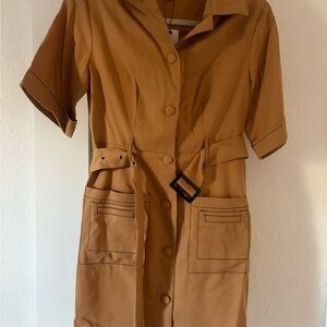 Tan Button-Up Dress with Belt